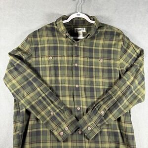 Duluth Trading Tattersall Plaid Flannel Shirt Mens L Fits XL Green Button Down